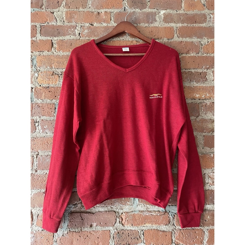 VTG CHAMPION Women's V-Neck Knit Red Sweater L Hilton Head Island Embroidered 90